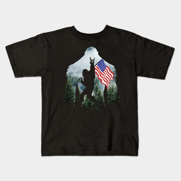 Bigfoot Into The Forest USA Flag Kids T-Shirt by Phylis Lynn Spencer